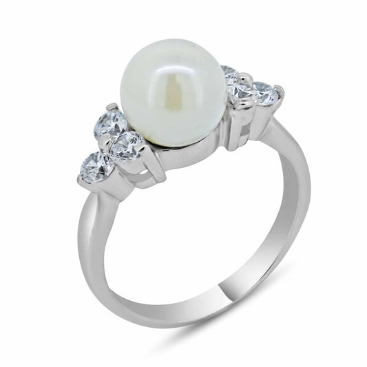 925 Sterling Silver Rhodium Plated Simulated Pearl Clear CZ Ring Sizes 5-9