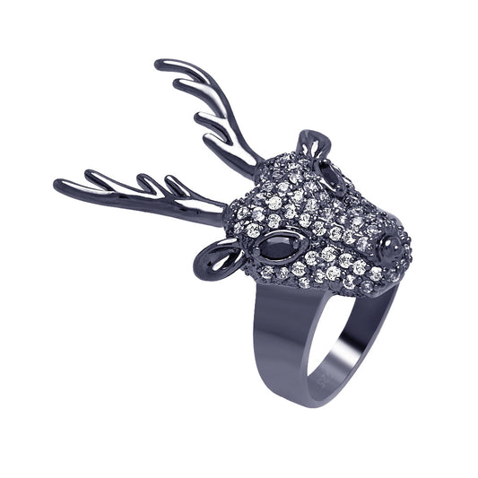 Sterling Silver 925 Black Rhodium Plated CZ Reindeer Head Buck Ring Sizes 5-9