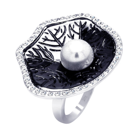 Sterling Silver 925 Black Rhodium Plated Simulated Pearl CZ Leaf Ring Sizes 5-9