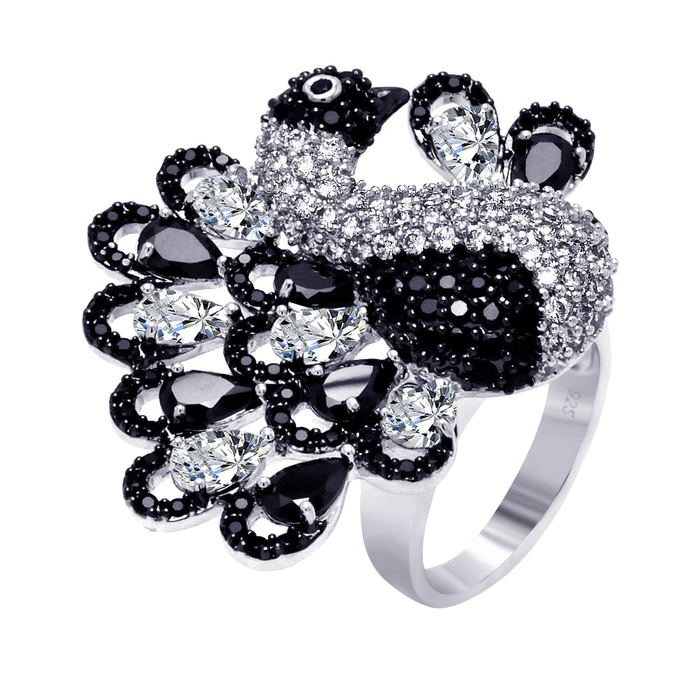 Sterling Silver 925 Black Rhodium Plated Black Clear CZ Peacock Ring Sizes 5-9