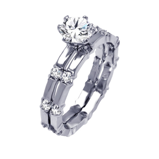 Sterling Silver 925 Rhodium Plated Round Clear CZ Bridal Ring Set Band Sizes 5-9