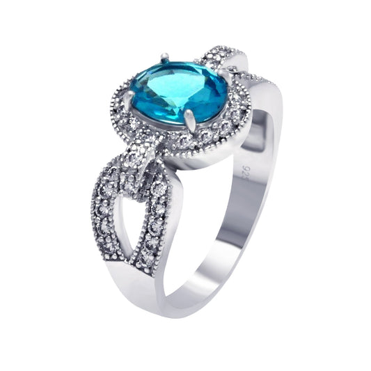 Sterling Silver 925 Rhodium Plated Aqua Center and Clear CZ Ring Sizes 5-9