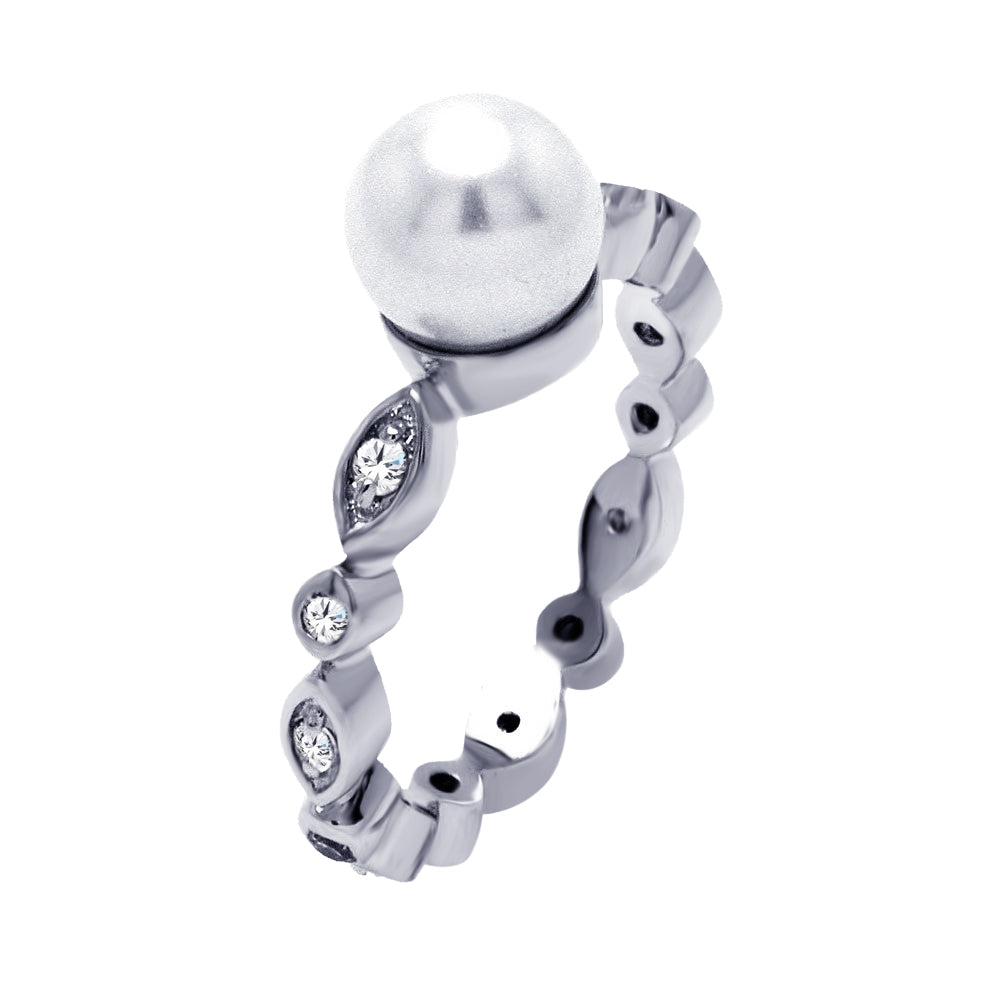 Sterling Silver 925 Rhodium Plated Clear CZ Simulated Pearl Ring Sizes 5-9
