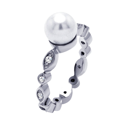 Sterling Silver 925 Rhodium Plated Clear CZ Simulated Pearl Ring Sizes 5-9