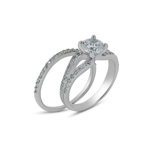 Sterling Silver 925 Rhodium Plated Clear CZ Bridal Engagement Ring Set Sizes 5-9