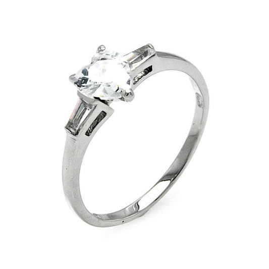 Sterling Silver 925 Rhodium Plated Clear Heart Baguette Sides CZ Ring Sizes 5-9