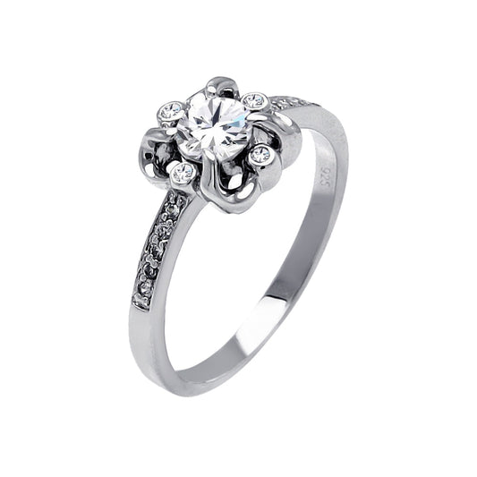 Sterling Silver 925 Rhodium Plated Round Clear Center CZ Flower Ring Sizes 5-9
