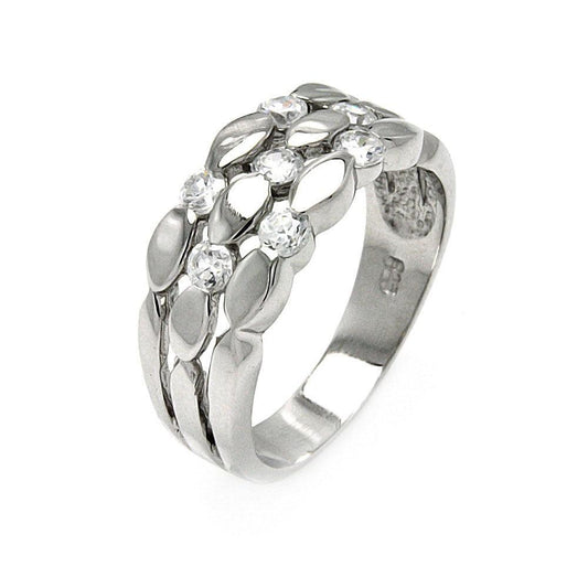 Sterling Silver 925 Rhodium Plated Clear CZ 3 Row Ring Band Sizes 5-9