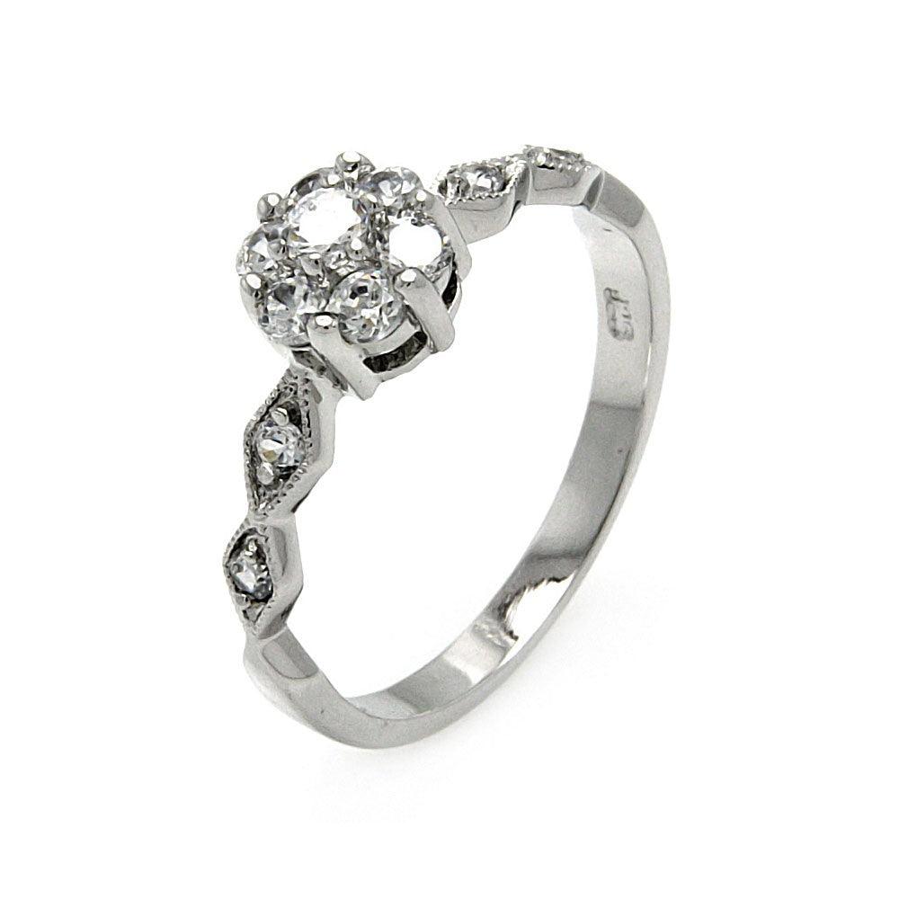 Sterling Silver 925 Rhodium Plated Diamond-Shaped Clear CZ Flower Ring Sizes 5-9