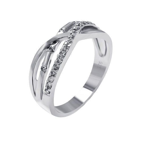 Sterling Silver 925 Rhodium Plated Clear CZ 3 Row Overlap Ring Sizes 5-9