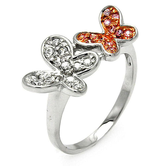 Sterling Silver Rhodium Rose Gold Plated Pink Clear CZ Butterfly Ring Sizes 5-9