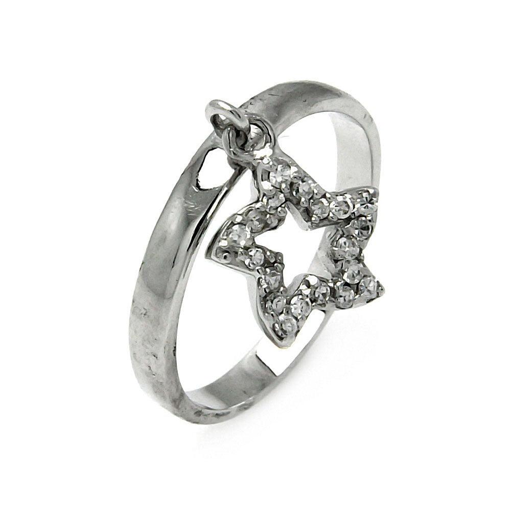 Rhodium Plated Sterling Silver 925 Dangling Charm Clear  CZ Star Ring Sizes 5-9