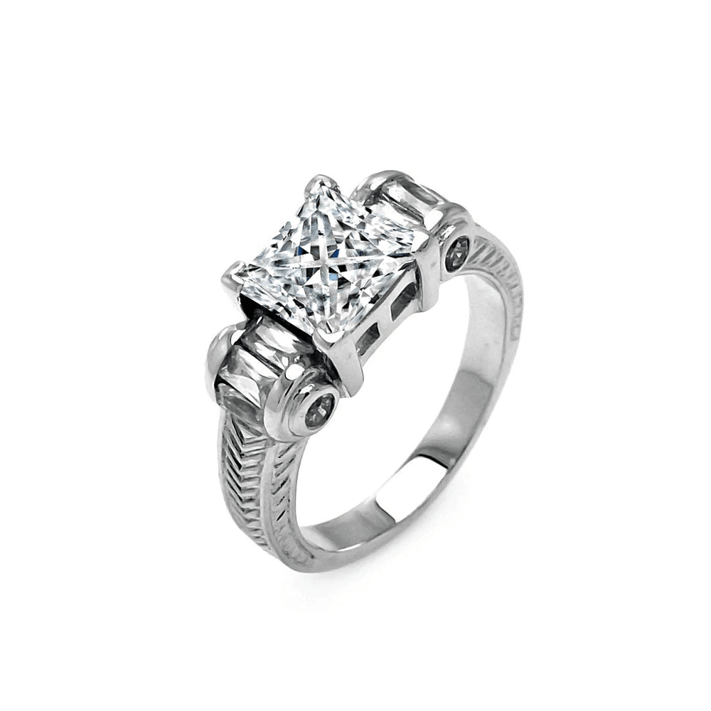 Rhodium Plated Sterling Silver 925 Princess Cut Clear CZ Ring Band Sizes 5-9