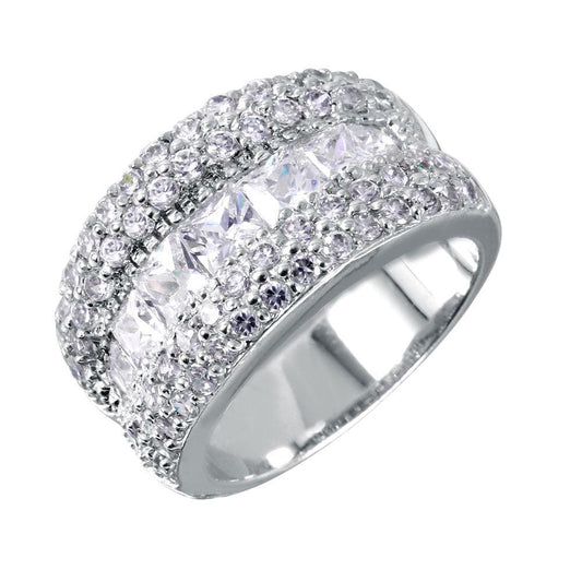 Sterling Silver 925 Rhodium Plated 3 Row CZ Bling Cocktail Ring Sizes 5-5