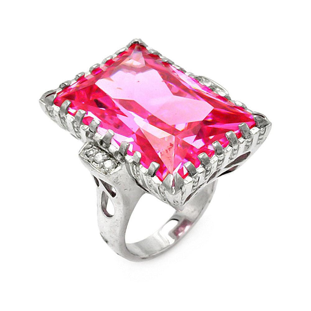 Sterling Silver 925 Rhodium Plated Large Pink Rectangular CZ Ring Sizes 5-7