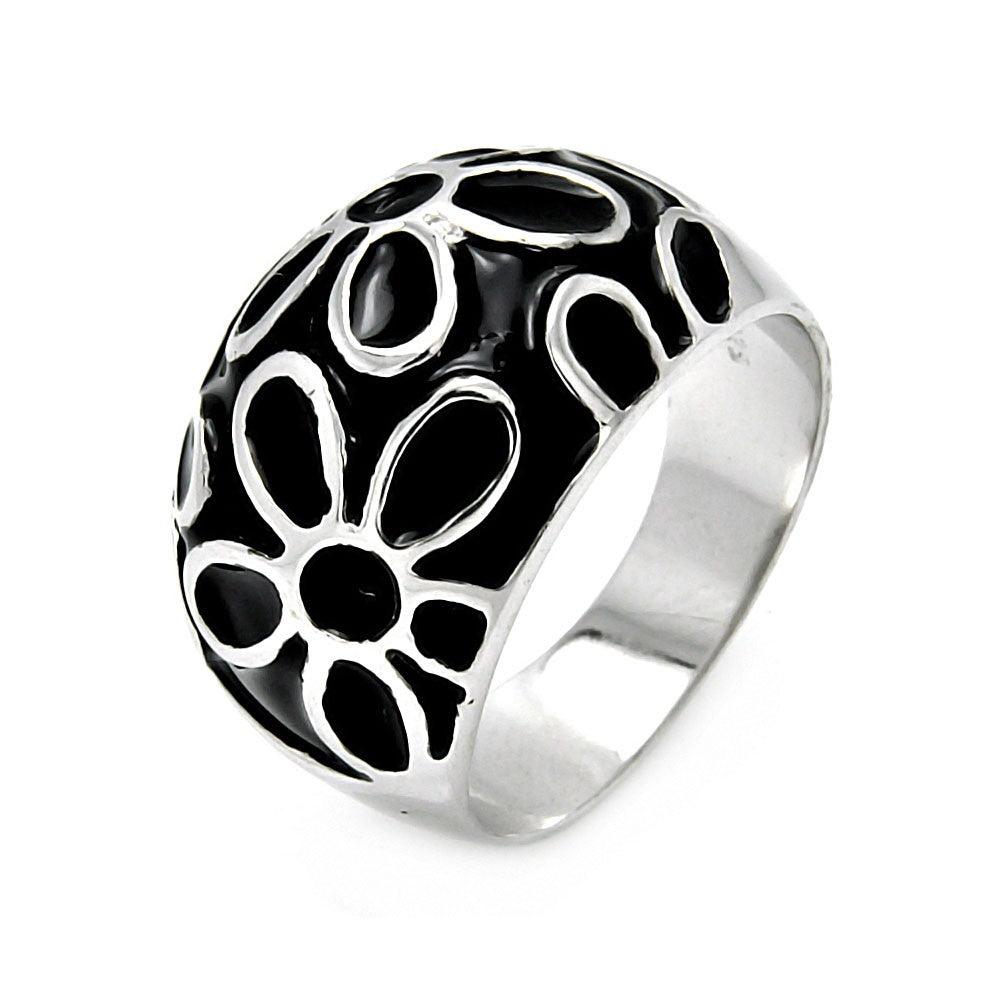 Sterling Silver 925 Rhodium Plated Black Enamel Flower Ring Sizes 5-9