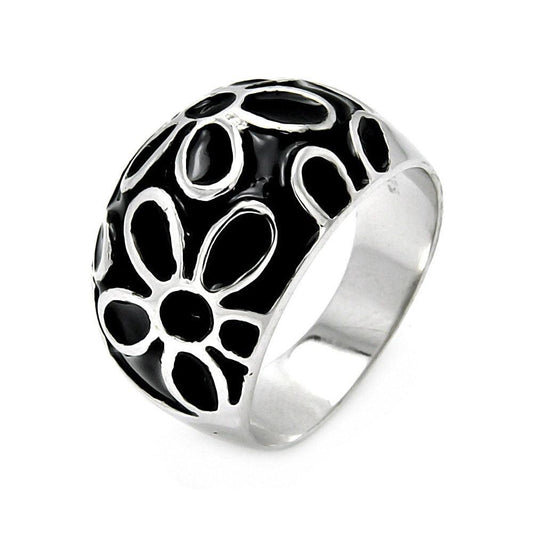 Sterling Silver 925 Rhodium Plated Black Enamel Flower Ring Sizes 5-9