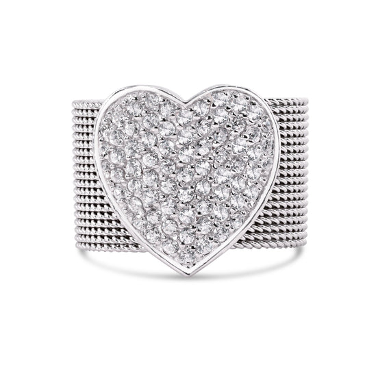 Sterling Silver 925 Rhodium Plated Multi Chain CZ Heart Ring Sizes 5-10