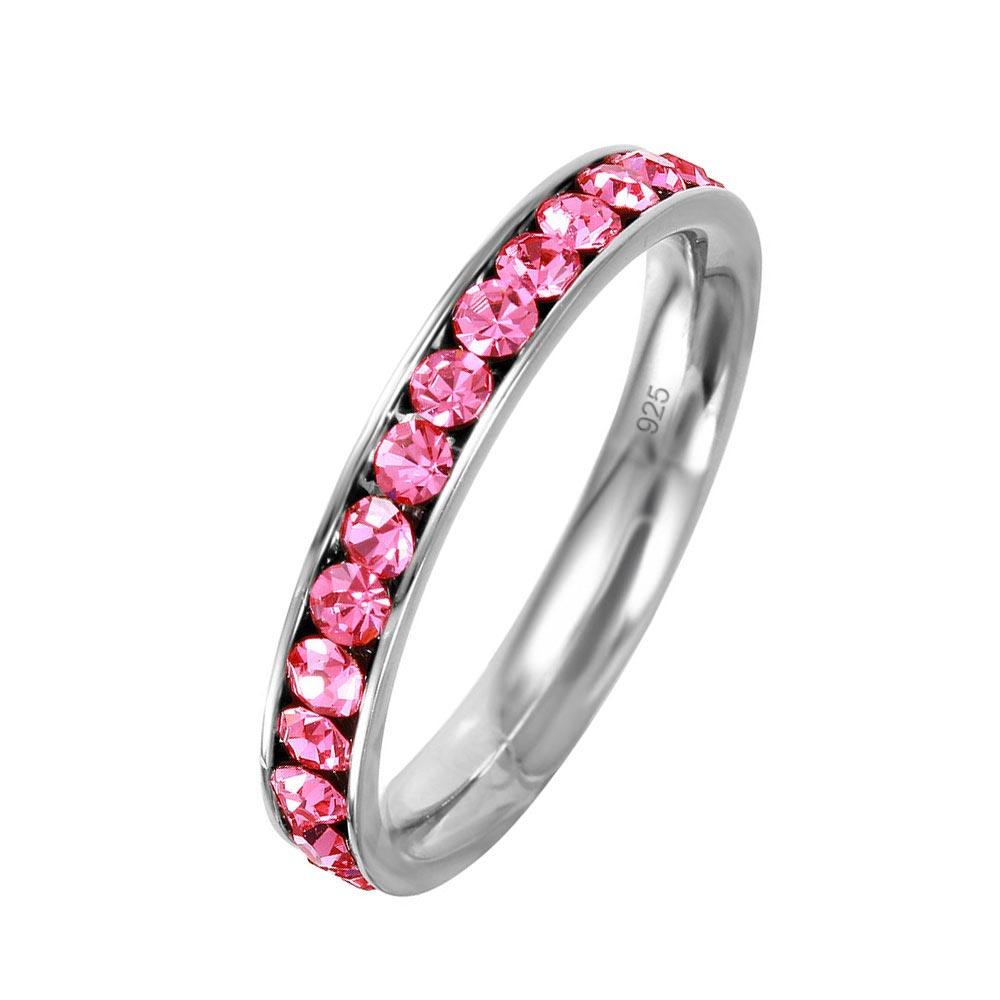 Rhodium Plated Sterling Silver 925 October Pink CZ Eternity Band Sizes 3-9