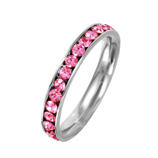 Rhodium Plated Sterling Silver 925 October Pink CZ Eternity Band Sizes 3-9