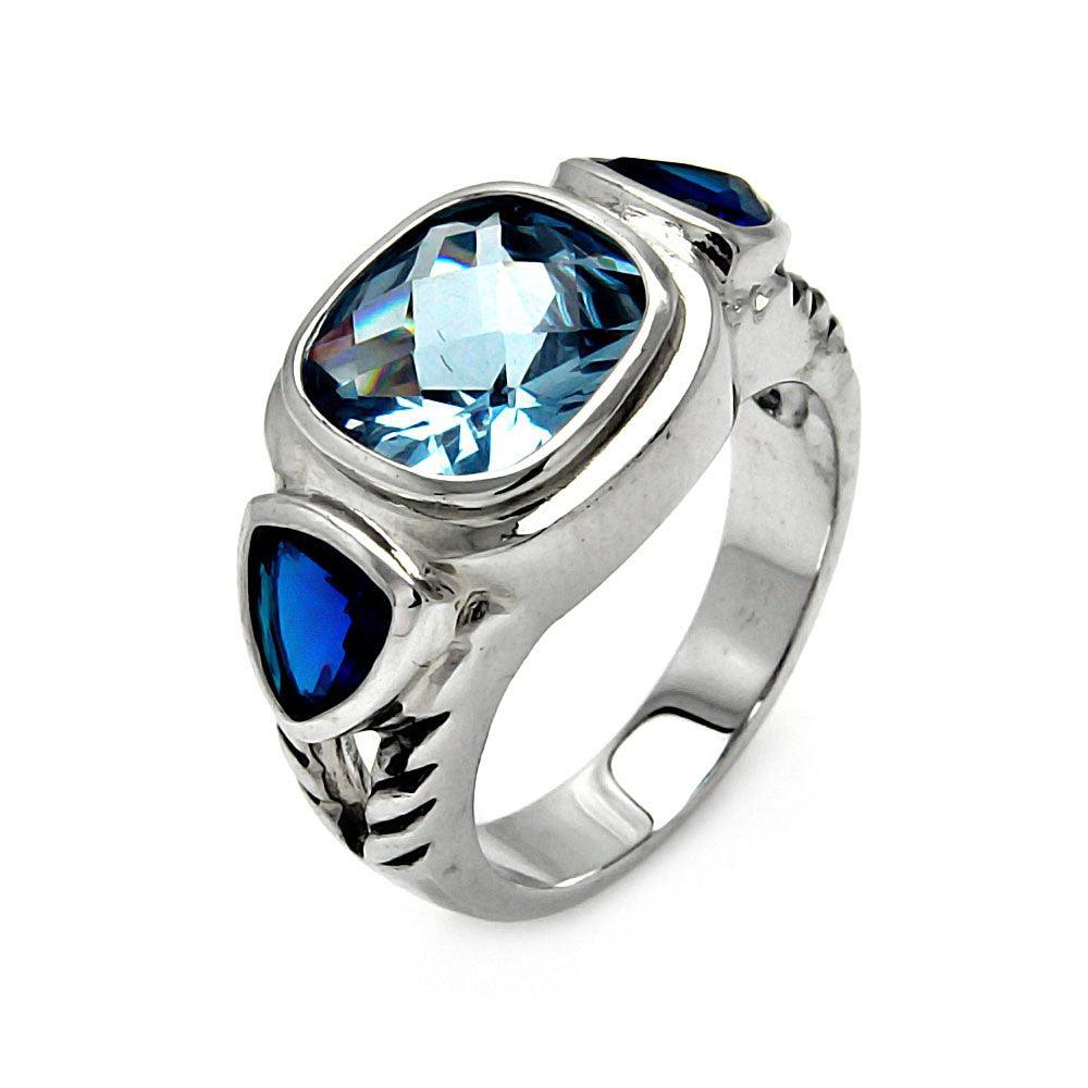 Sterling Silver 925 Rhodium Plated Blue Cushion Cut Triangular CZ Ring Sizes 5-9