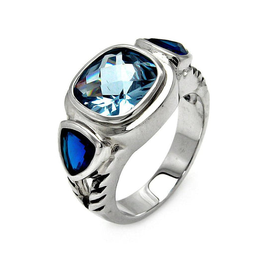 Sterling Silver 925 Rhodium Plated Blue Cushion Cut Triangular CZ Ring Sizes 5-9