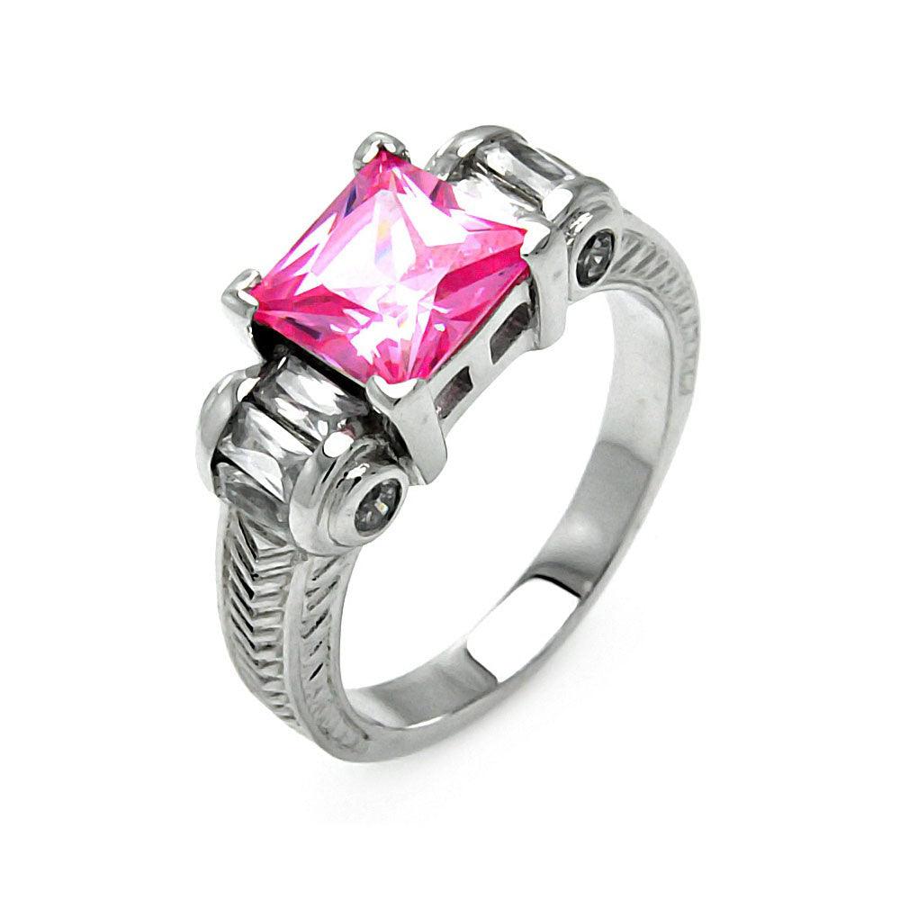 Rhodium Plated Sterling Silver 925 Pink Princess Cut CZ Ring Band Sizes 5-9