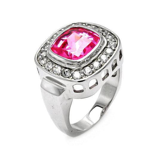 Sterling Silver 925 Rhodium Plated Pink Square CZ Cocktail Ring Sizes 8-8