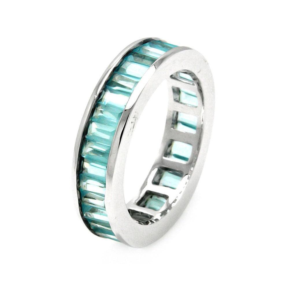 Sterling Silver 925 Rhodium Plated Aqua Blue Baguette CZ Eternity Ring Sizes 5-9