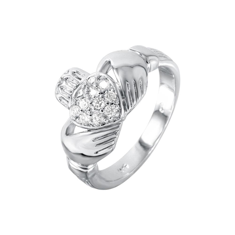 Rhodium Plated Sterling Silver 925 Clear CZ Claddagh Ring Celtic Band Sizes 5-9