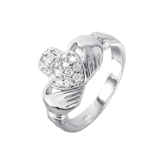 Rhodium Plated Sterling Silver 925 Clear CZ Claddagh Ring Celtic Band Sizes 5-9