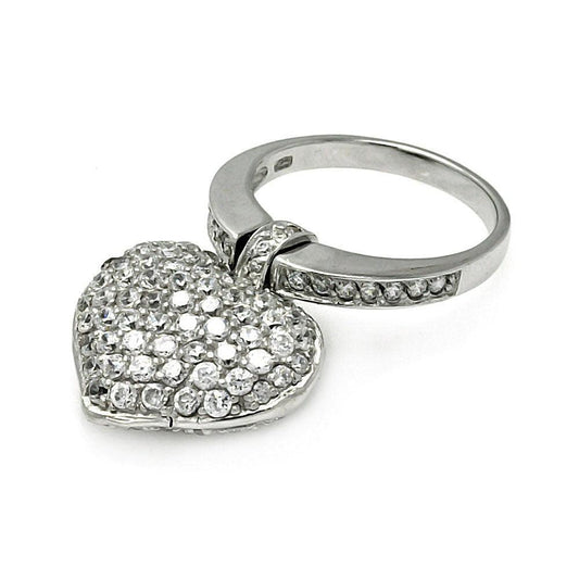 Sterling Silver 925 Rhodium Plated Movable Clear CZ Dangle Heart Ring Sizes 5-9