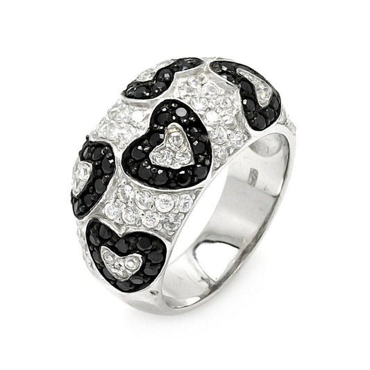 Sterling Silver 925 Black Rhodium Plated Clear and Black CZ Heart Ring Sizes 5-9