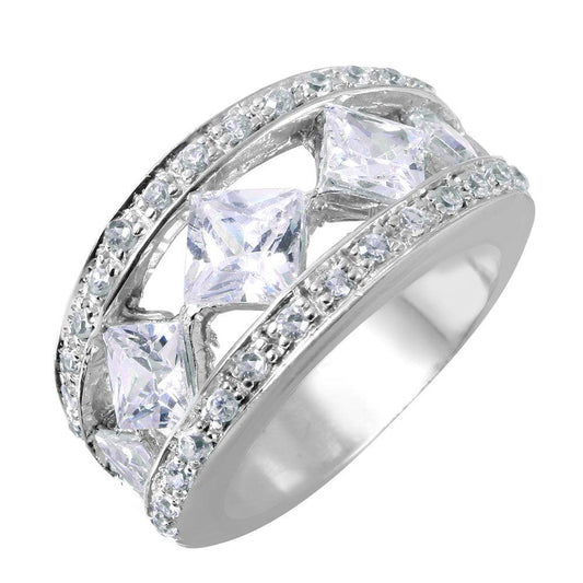 Rhodium Plated Sterling Silver 925 Princess Cut Clear CZ Ring Band Sizes 5-10