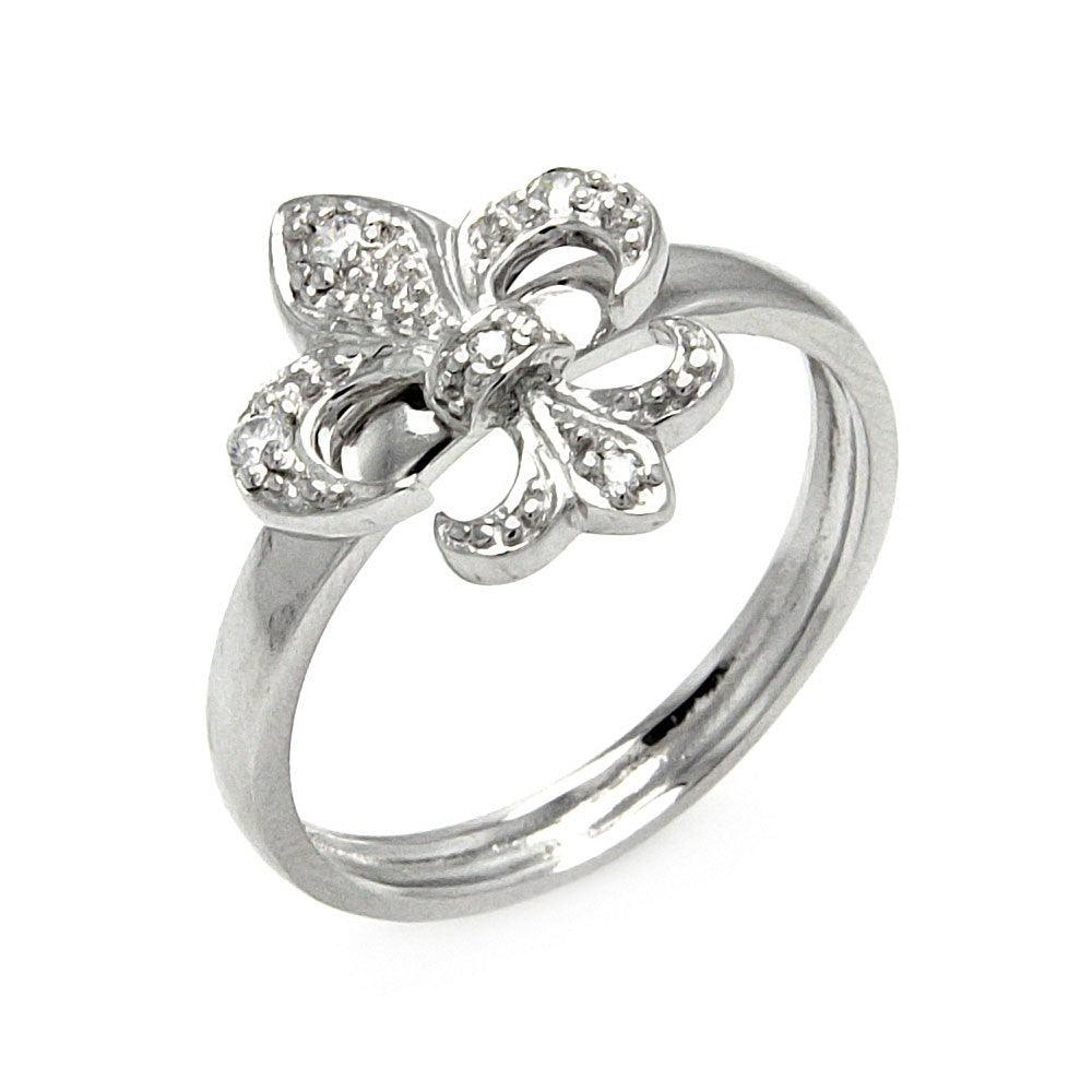 Sterling Silver 925 Rhodium Plated Clear CZ Fleur De Lis Ring Sizes 5-9