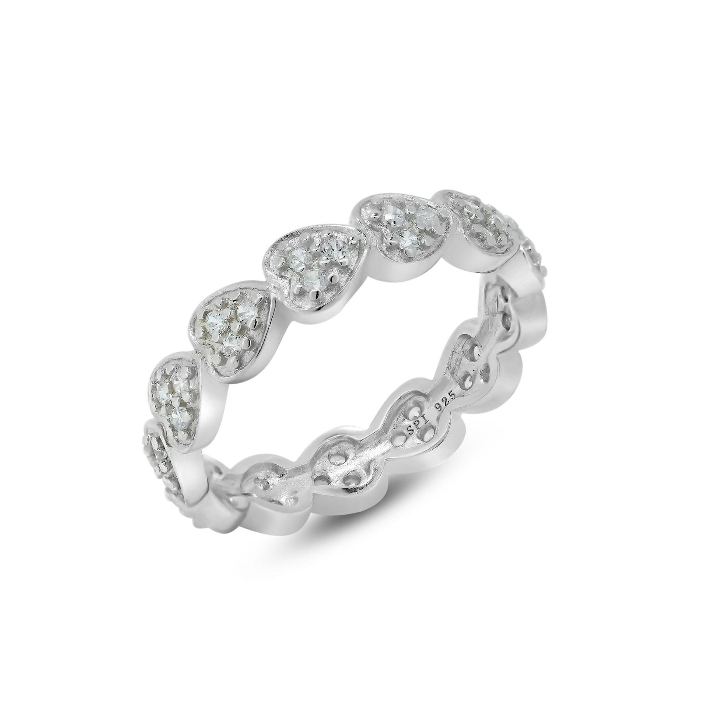 Rhodium Plated Sterling Silver 925 CZ Stackable Eternity Heart Ring Sizes 5-9