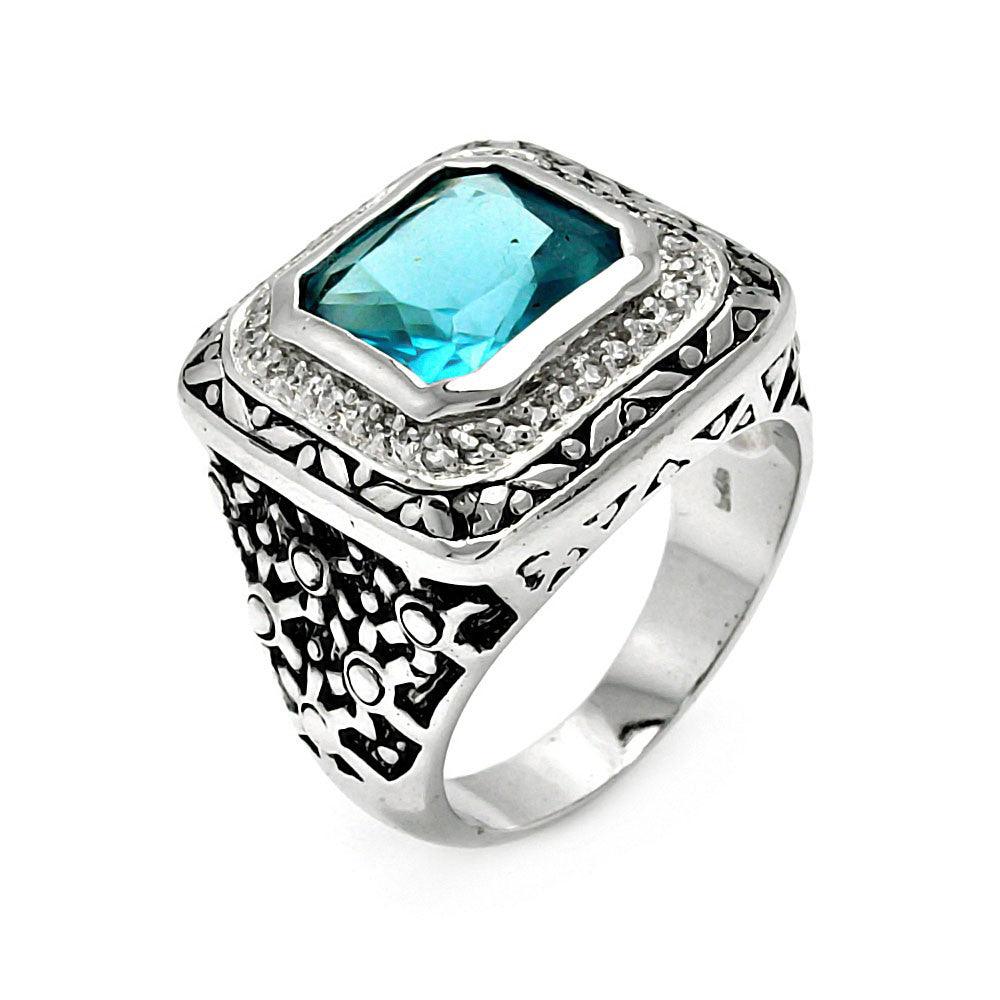 Sterling Silver 925 Oxidized Rhodium Plated Blue Square CZ Chunk Ring Sizes 5-9
