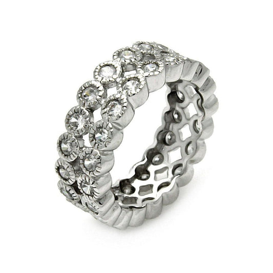 Rhodium Plated Sterling Silver 925 Double Row CZ Eternity Ring Band Sizes 5-10