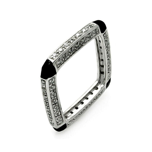 Rhodium Plated Sterling Silver 925 Black Enamel CZ Square Ring Band Sizes 5-9