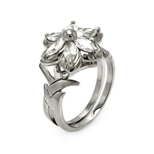 Sterling Silver 925 Rhodium Plated Clear CZ Flower Ring Fashion Band Sizes 5-9