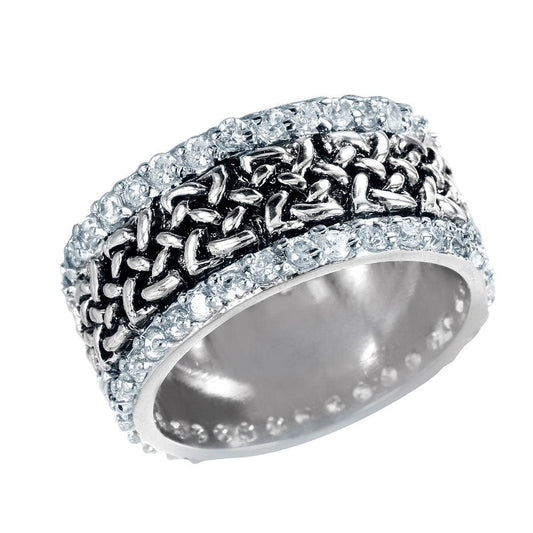 Rhodium Plated Sterling Silver 925 Clear CZ Border Chain Ring Band Sizes 5-9