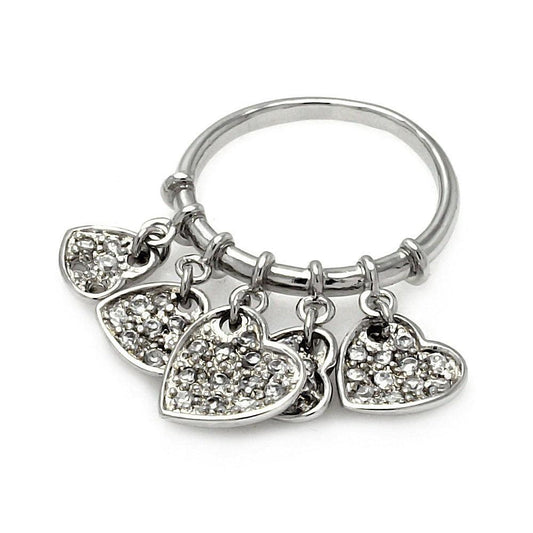 Rhodium Plated Sterling Silver 925 Multi Dangling CZ Heart Ring Band Sizes 5-9