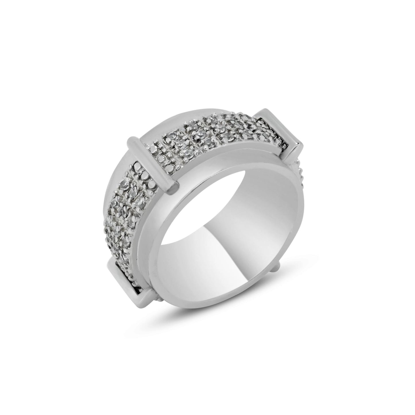 Rhodium Plated Sterling Silver 925 Pave Set Clear CZ Belt Ring Band Sizes 5-9