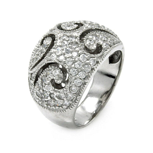 Rhodium Plated Sterling Silver 925 Pave Set Clear CZ Wave Ring Band Sizes 5-10