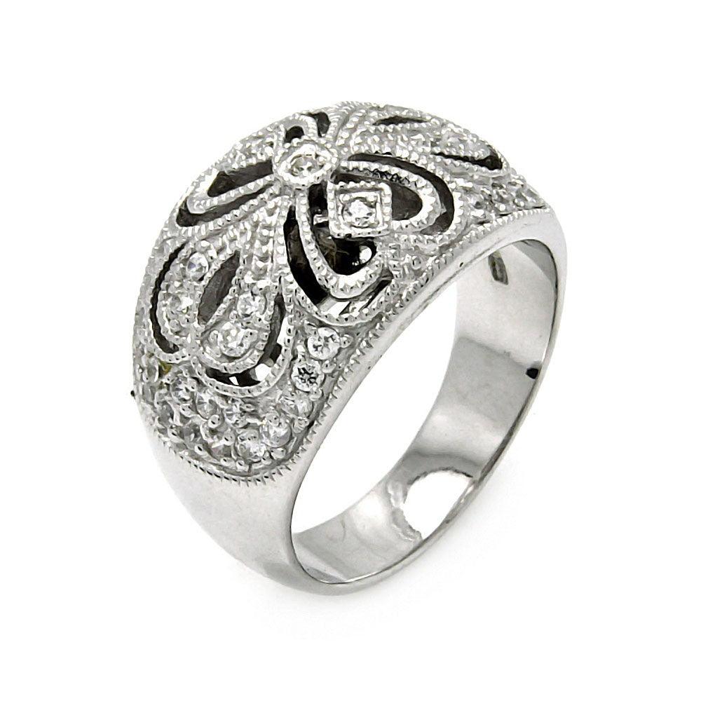 Rhodium Plated Sterling Silver 925 CZ Flower Cocktail Ring Band Sizes 5-8