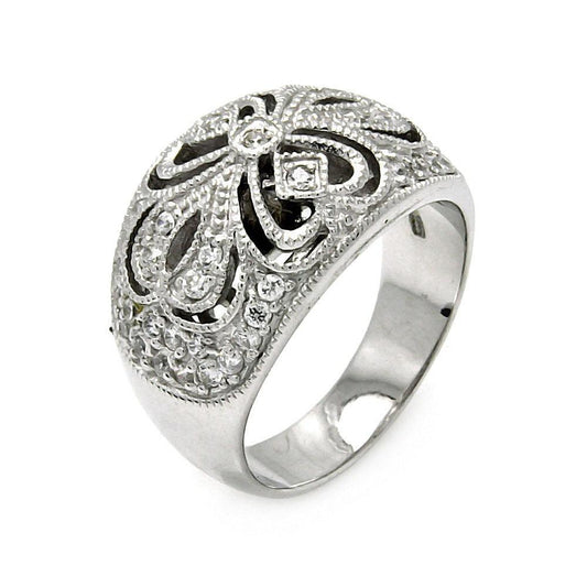 Rhodium Plated Sterling Silver 925 CZ Flower Cocktail Ring Band Sizes 5-8