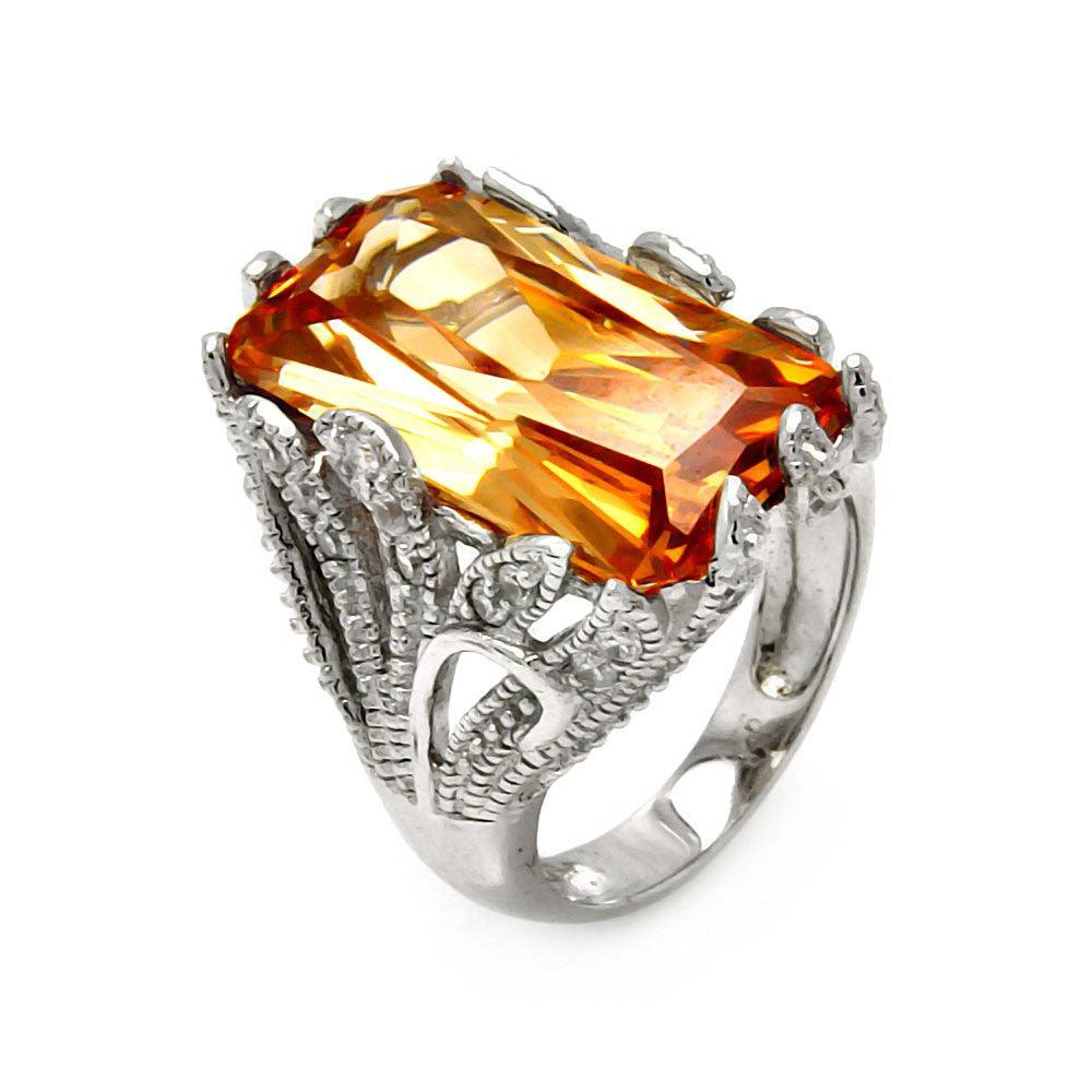 Sterling Silver 925 Rhodium Plated Rectangular Champagne CZ Ring Sizes 5-10