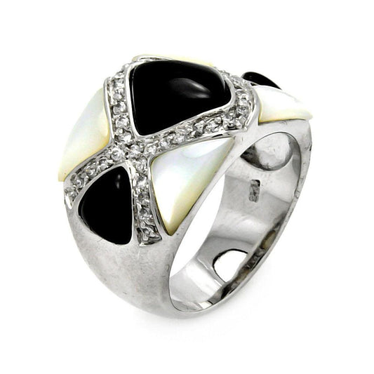Sterling Silver 925 Rhodium Plated Black Onyx Simulated Pearl CZ Ring Sizes 5-9