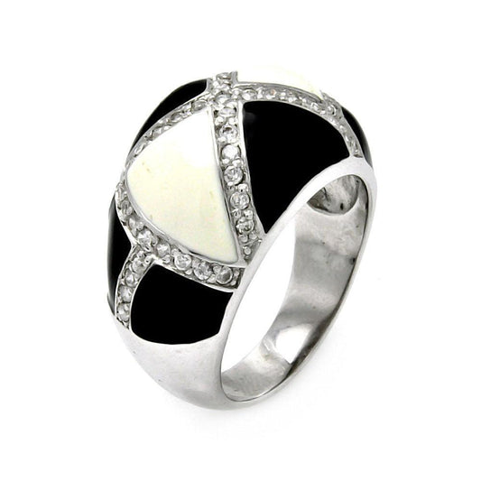 Sterling Silver 925 Rhodium Plated Black and White Enamel CZ Ring Sizes 5-9