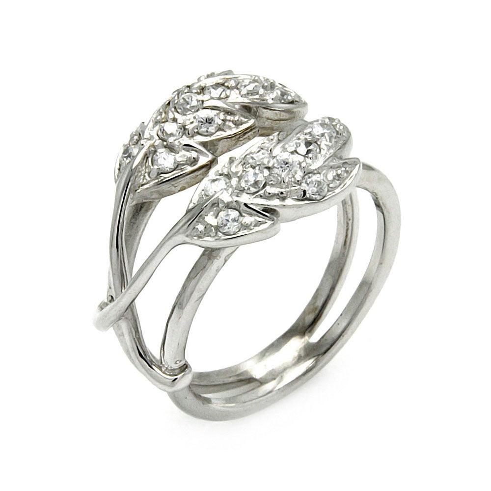 Sterling Silver 925 Rhodium Plated Clear CZ Double Leaf Ring Sizes 5-9